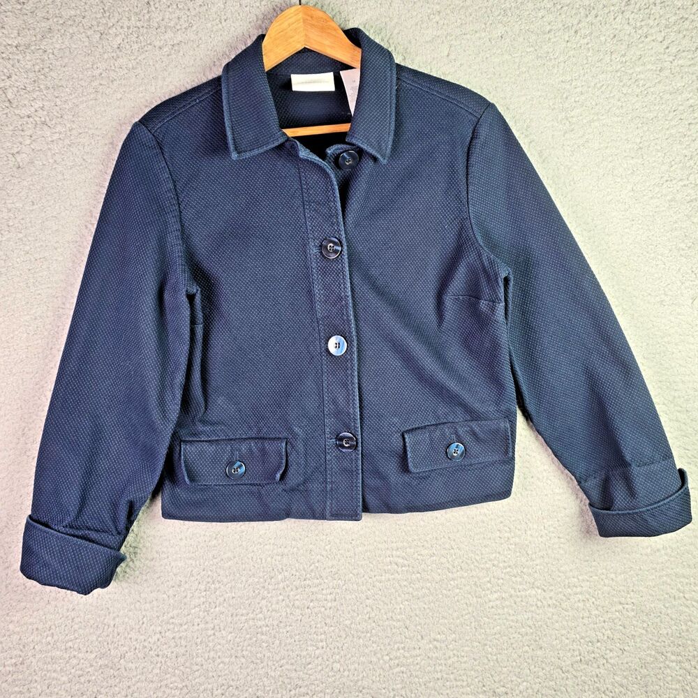 Liz Claiborne Textured Navy Blue Cropped Blazer Classic Waist Length Size 14